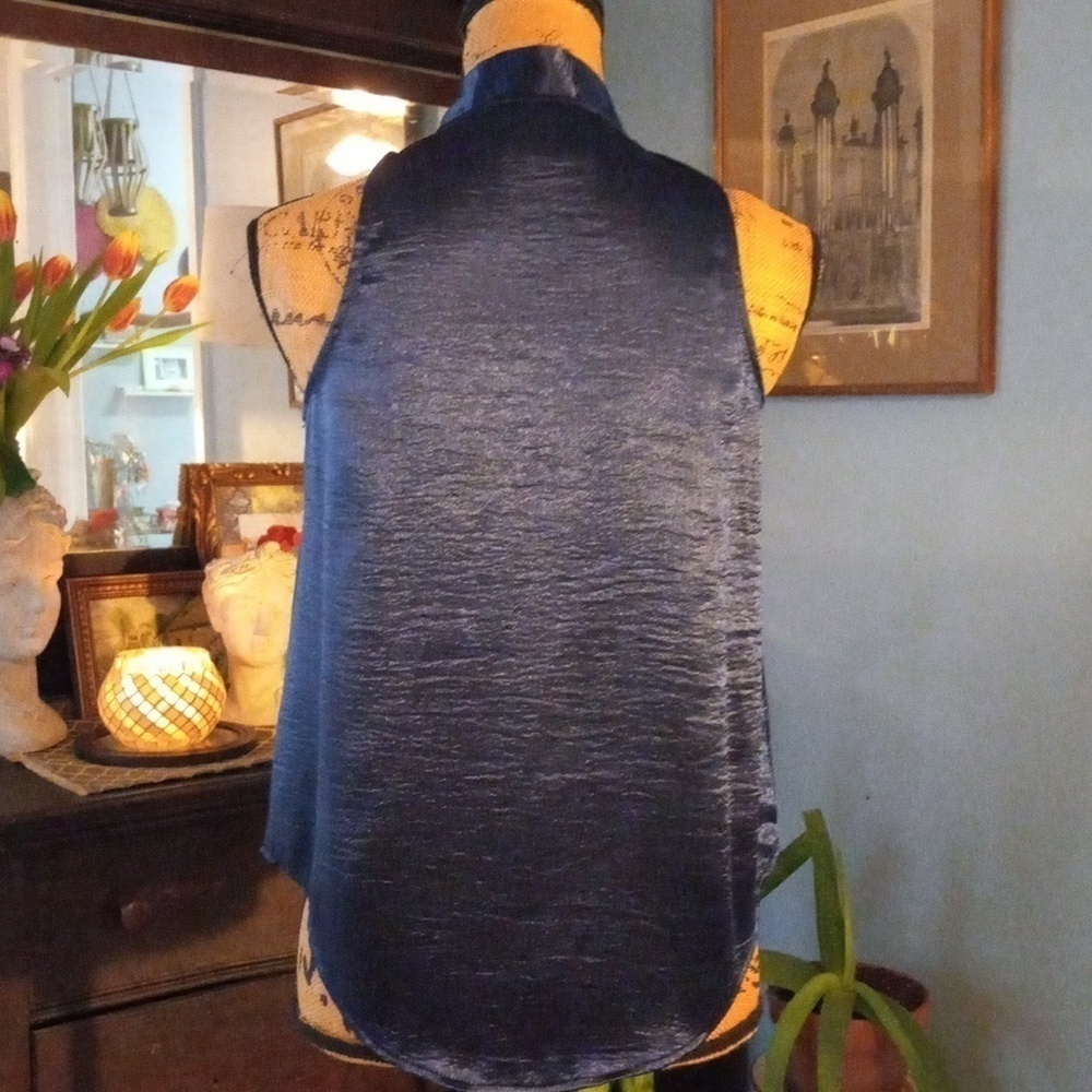 Anthropologie Maeve Navy Satin Tie Neck Sleeveless Swing Blouse Top 2P - Picture 11 of 16